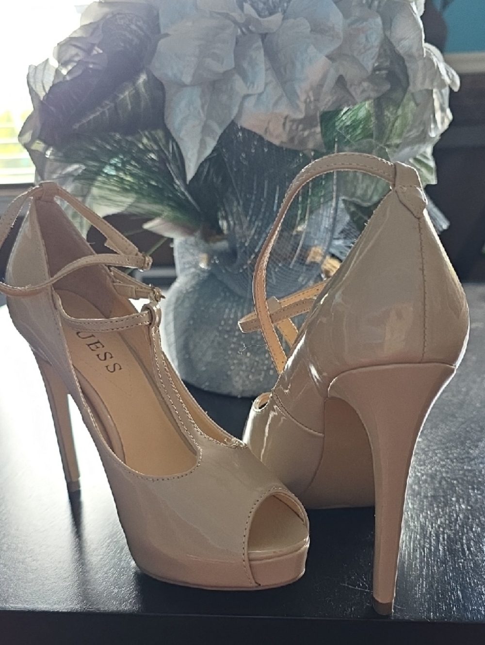 GUESS Beige Patent Peep-Toe Platform Heels with Ankle Strap